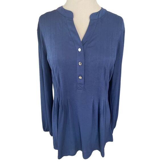 Small NWT Wonderly Blue Pleated Tunic Top Long Sleeve Henley - Picture 1 of 8